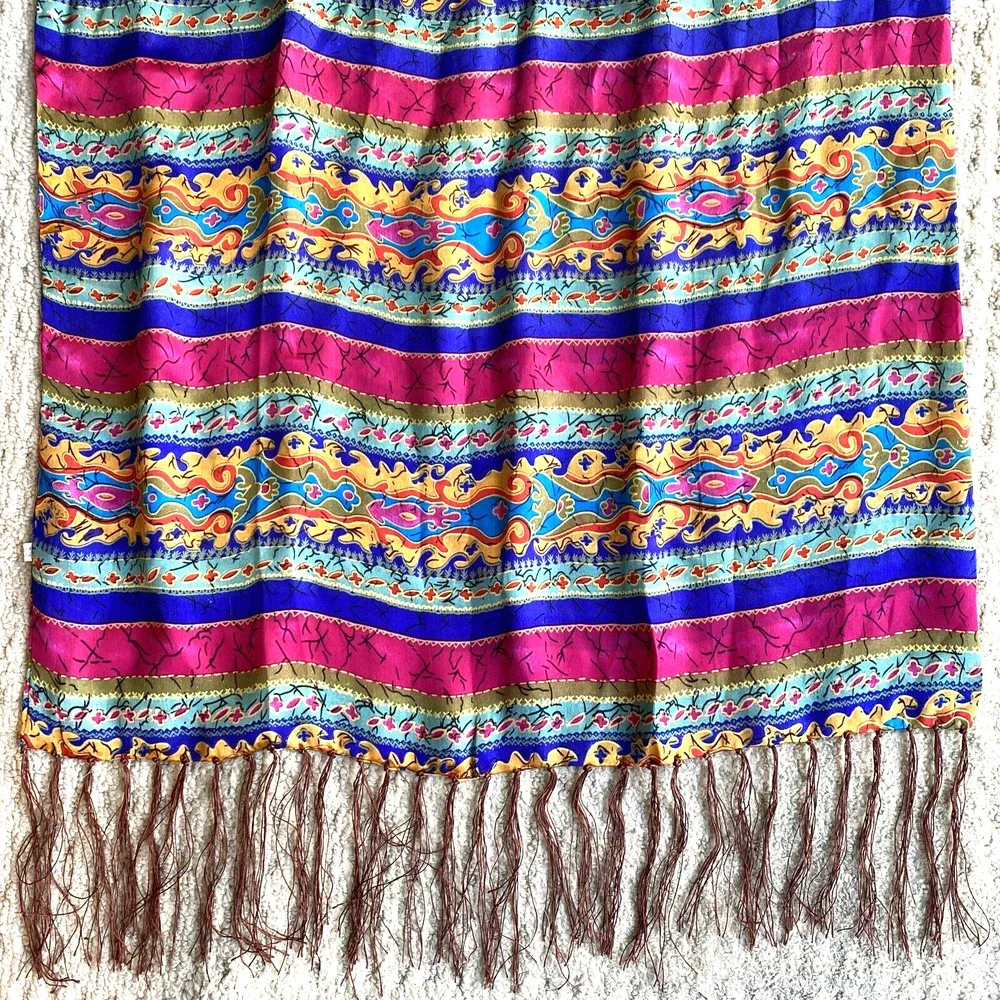 Vintage silk scarf long fringed wrap colorful double sided shawl elegant luxury